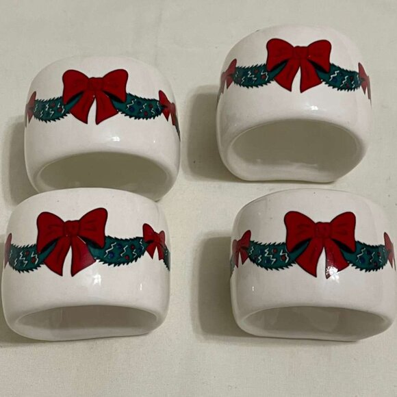 Vintage 1980s Hostess “Christmas Bows & Boughs” Ceramic Napkin Ring & Place Card - Picture 8 of 9